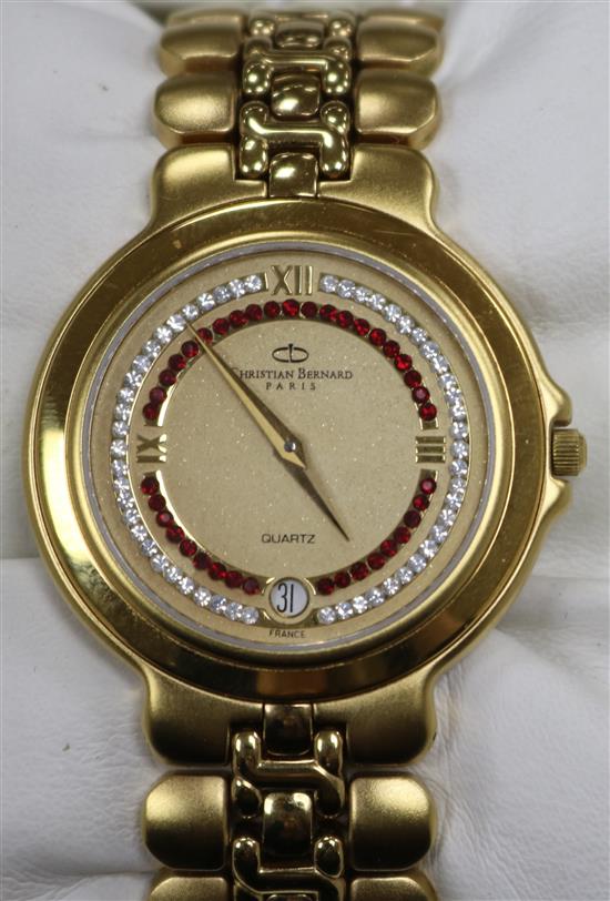 A gold plated Christian Bernard of Paris quart wrist watch, with box.
